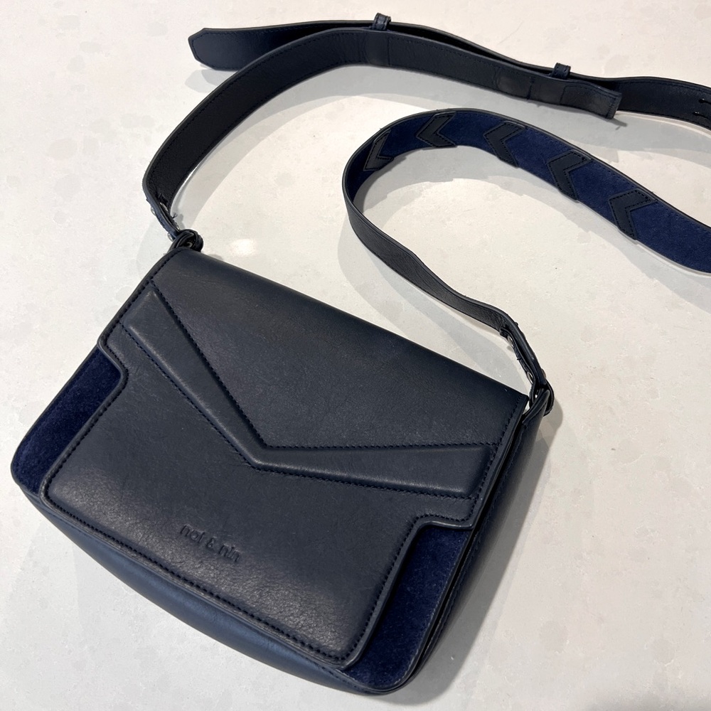 nat & nin Blue Leather-Suede Crossbody Bag